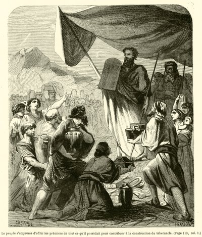 O povo apressou-se a oferecer os primeiros frutos de tudo o que tinha para contribuir para a construção do tabernáculo (gravura) de French School