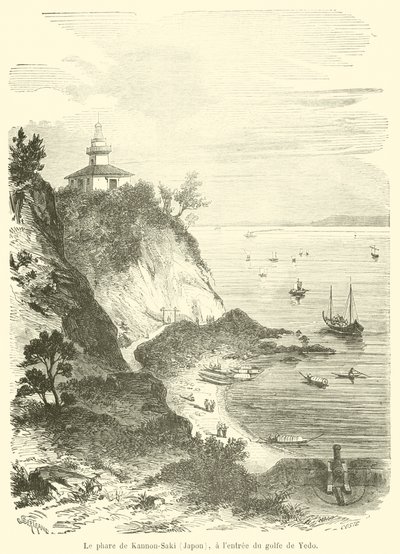 O farol Kannon-Saki (Japão), na entrada do Golfo de Yedo (gravura) de French School