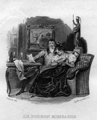Le pigeon messager Chanson de Beranger em "Oeuvres complete" (1834) de Pierre Jean de Beranger (1780-1857), poeta e compositor francês. de French School