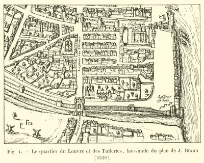 O Louvre e Tuileries distrito, fac-símile do plano de J Braun, 1530 de French School
