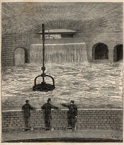 Le reservoir de Montsouris (reservatório de la Vanne), um dos cinco principais reservatórios de água de Paris - Gravura em "Sciences brought to the grateboard of all - physics and chemistry" de Alexis Clerc - Final do século XIX - Colecção privada de French School