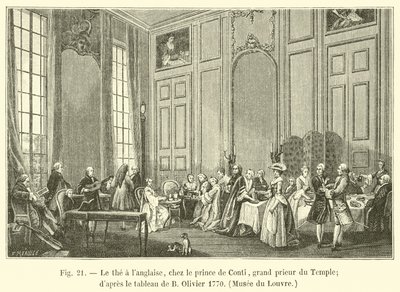 O chá é falado na casa do Príncipe de Conti, Grão Prior do Templo; dapres a pintura de B Olivier 1770, Museu do Louvre de French School