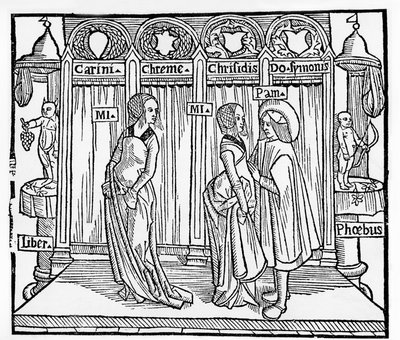 Teatro na Idade Média: três personagens em palco - gravura de Terence de Jean Trechsel, ed. em Lyon de French School