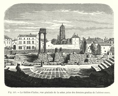 O teatro de Arles; vista geral da cena, tirada das últimas camadas da ultima cavea (gravura) de French School