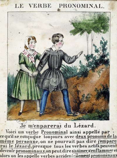 Lecon nos verbos pronominais. Em "La grammaire en images", álbum de folhetos, cerca de 1850. de French School