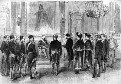 O Imperador Napoleão III (1808-1873) recebe os embaixadores chineses e seus intérpretes no salão Tuileries em Paris de French School