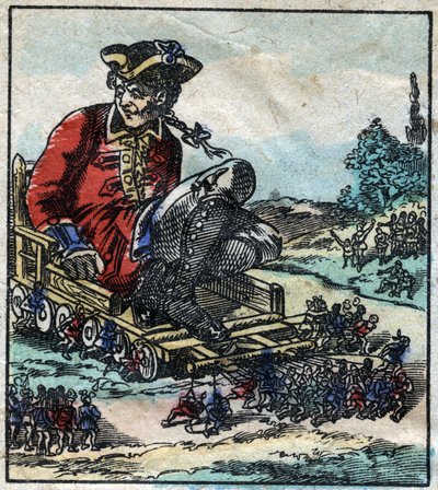 Lemuel Gulliver, um prisioneiro é transportado numa carroça puxada pelos Lilliputianos. Ilustração para "Gulliver