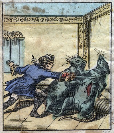 Lemuel Gulliver luta com ratos na terra dos gigantes de Brobdingnag. Ilustração para "Gulliver