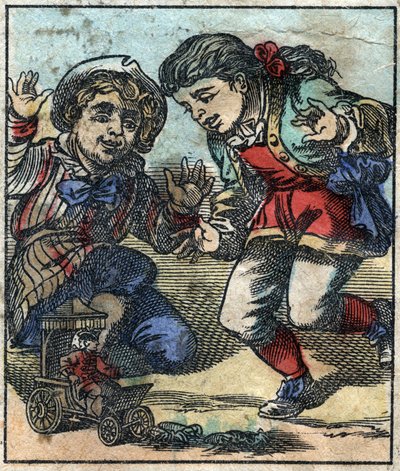 Lemuel Gulliver é usado como um brinquedo pelas crianças gigantes de Brobdingnag. Ilustração para "Gulliver