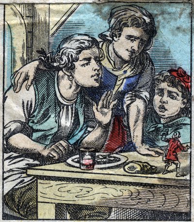 Lemuel Gulliver sobre a mesa da família Glumdalclitch, na terra dos gigantes de Brobdingnag. Ilustração para "Gulliver