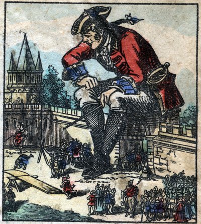 Lemuel Gulliver sentado na muralha de fortificação da cidade explica a estratégia para o exército liliputiano. Ilustração para "Gulliver