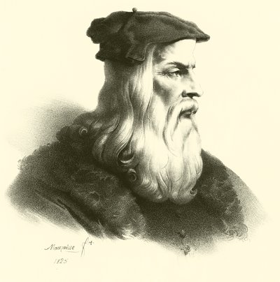 Leonardo Da Vinci, retrato (gravura) de French School