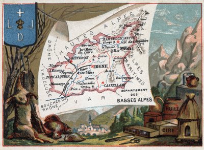 Les Basse Alpes (Basse-Alpes), hoje departamento dos Alpes-de-Haute-Provence (Alpes de Haute-Provence 04), França. Especialidade local: caça, cera, mel, frutas secas e óleo. Série sobre os Departamentos franceses. Chromolitografia (Chromo) "o geográfico de French School