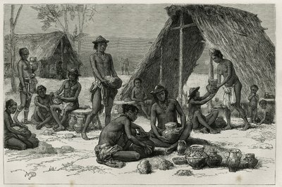 Les Indiens Galibis (ou Kalinas) fazendo cerâmica, gravada por D.Maillart, para ilustrar a viagem de exploração no interior da Guiana pelo Dr. Jules Crevaux, médico da Marinha Francesa, em 1876-1877, publicada no tour du monde, sob a direção do de French School