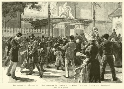 Os arredores da Exposição, Os vendedores de bilhetes no portão de Tourville, Palais des Machines, Desenho de M Guilliod (gravura) de French School