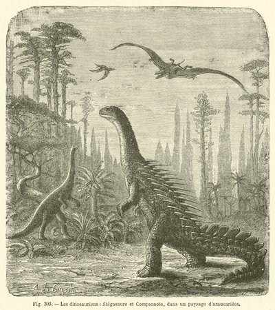 Dinosaurianos, Estegossauros e Compsonote, numa paisagem de amendoins (gravura) de French School