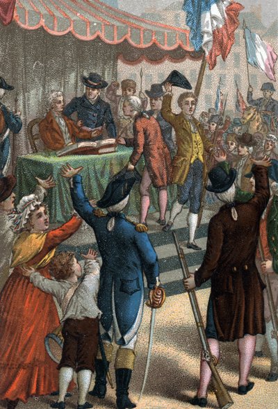Les enrolements volontaires (em frente ao teatro de Odeon, Paris), La Patrie en danger, 22 de Julho de 1792. de French School
