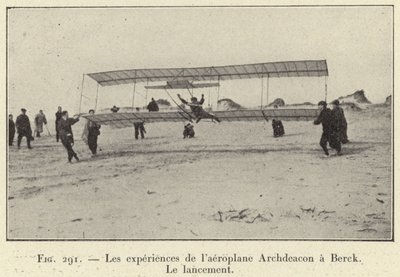 As experiências do avião Archdeacon em Berck, O lançamento (gravura) de French School