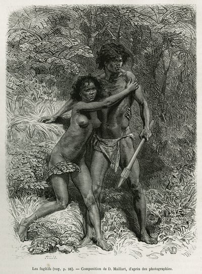 Les fugitives aborigenes, gravura segundo um desenho de D. Maillart, para ilustrar a história Seis meses na Austrália, de Desire Charnay, missão do Ministério da Instrução Pública, em 1878, publicada no tour du monde, sob a direção de de French School