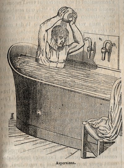 Les gesures du bain - Hygiene au 19 century - man in a bathtub - gravura em "La Sante Universelle - Guide Medical des Familles" 1852 de French School