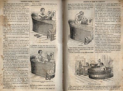 Les gesures du bain - Hygiene au 19 century - man in a bathtub - gravura em "La Sante Universelle - Guide Medical des Familles" 1852 de French School