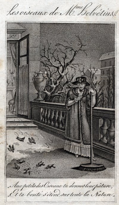 Les oiseaux de Madame Helvetius (Anne Catherine Helvetius) em "Conseils a ma fille" de Jean Nicolas Bouilly (1763-1842). 1820. Coleção privada. de French School