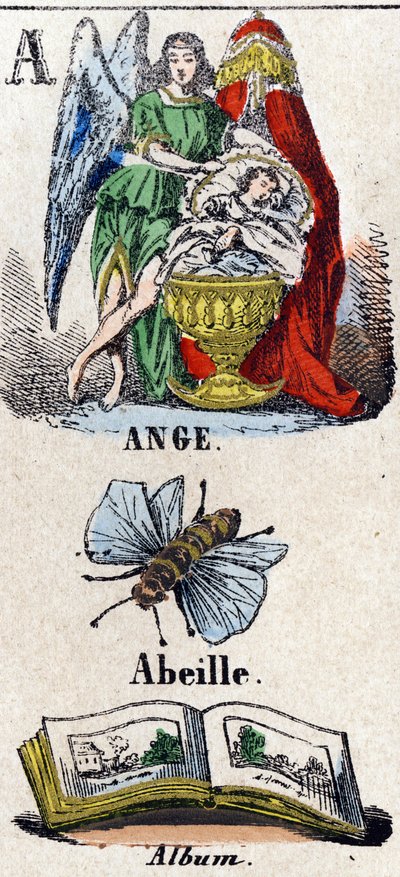 Letra A como Angel, Bee e Album. Um anjo protetor perto de uma criança dormindo em um berço. Um pequeno alfabeto enciclopédico. Imagem de Epinal, por volta de 1860. Gravura em madeira, gravada com estêncil e dourada. Dim: 37,8x50,3cm. Coleção Particular de French School