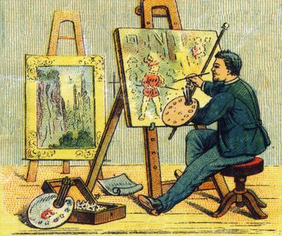Carta A: pintor no seu estúdio. Gravura em "ABC indechirable sobre tela envernizada". A. Capendu, editor, Paris, final do século XIX. Livraria ilustrada para crianças. 8 páginas. Dim: 21,5x18cm . de French School