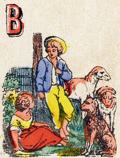 Carta B Shepherds. Gravura no "Alfabeto do Jeux". Sr. Vagne, editor, Pont-a-Mousson, final do século XIX. Série Pink. 12 páginas. Álbum contendo um método de leitura simplificado e um abecedário ilustrado. Dim: 16,5x11cm de French School