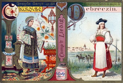 Carta C como Grande Dama Chinesa e D como Húngara de Debreczin. Alfabeto feminino . Série de 12 imagens. Liebig publicidade de French School