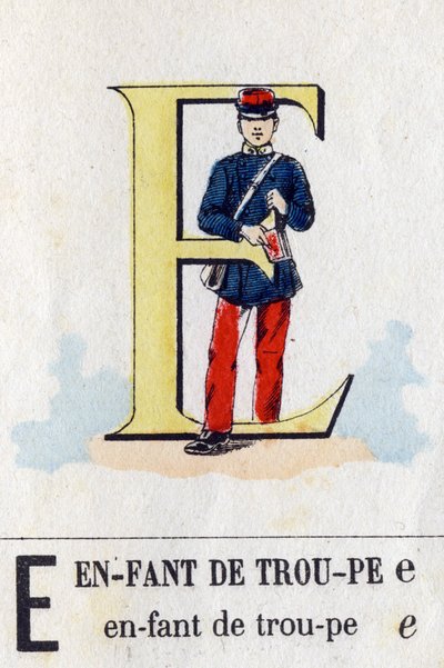 Carta E como uma criança da tropa. Alfabeto Militar . Imagem de Epinal, cerca de 1870-1880. Cortes de madeira na cor Stencil. de French School