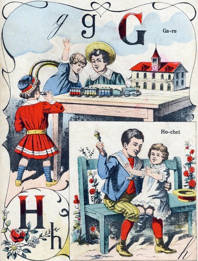 Letra G H: estação e guizo. Gravação em "ABC des joux pour petits boys". Imagem de Pont-a-Mousson, Louis Vagne, impressora-editor, final do século XIX. Dim: 32,5x25 cm de French School
