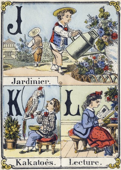 Letras J, K e L: jardineiro, kakatoes e leitura. Alfabeto recreativo. Imagem epinal. Gravuras em madeira estampada, cerca de 1880. Pequeno livreto de 16 páginas. de French School