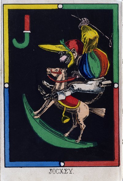 Letra J como jockey (macaco num cavalo de balanço). Alfabeto de macacos. Gravura em madeira. Imagem de Epinal de French School