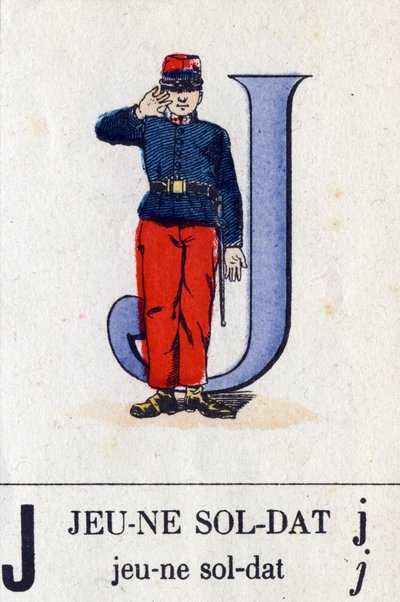Carta J como jovem soldado. Alfabeto Militar . Imagem de Epinal, cerca de 1870-1880. Cortes de lenha cor de estêncil. de French School