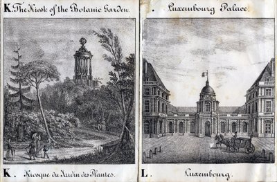Carta Kiosk do Jardin des Plantes e L Palais du Luxembourg - "Alfabeto Picturesque des Monumens de Paris" c.1840 (gravura) de French School