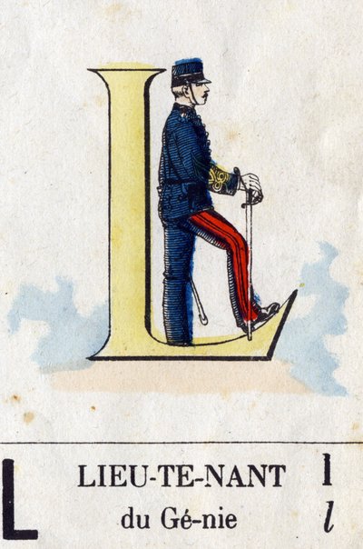 Carta L como tenente. Alfabeto Militar . Imagem de Epinal, cerca de 1870-1880. Cortes de madeira na cor Stencil. de French School