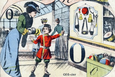 Carta O Oficial. Gravação em "ABC des joux pour petits boys". Imagem de Pont-a-Mousson, Louis Vagne, impressora-editor, final do século XIX. Dim: 32,5x25 cm de French School
