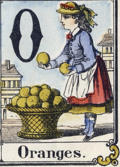 Carta O: Laranjas. Alfabeto Recreativo. Imagem epinal. Gravuras em madeira estampada, cerca de 1880. Pequeno livreto de 16 páginas. de French School