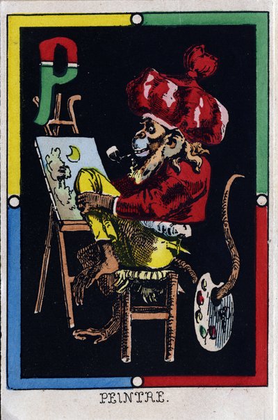 Carta P como pintor. Alfabeto dos macacos. Gravura em madeira. Imagem de Epinal de French School