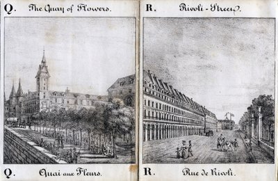 Letra Q e A: A doca das flores e a rua de Rivoli - "Alphabet Picturesque des Monumens de Paris" c.1840 (gravura) de French School
