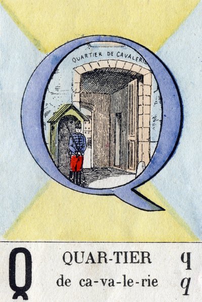 Carta Q como um bairro. Alfabeto Militar . Imagem de Epinal, cerca de 1870-1880. Cortes de madeira na cor Stencil. de French School