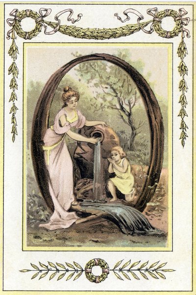 Carta Q representando uma mãe e seu filho bebendo água da nascente, no final do século XIX (cromolitografia) de French School