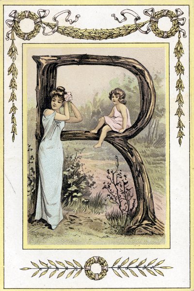 Carta R representando uma mãe e uma filha, final do século XIX (cromolitografia) de French School