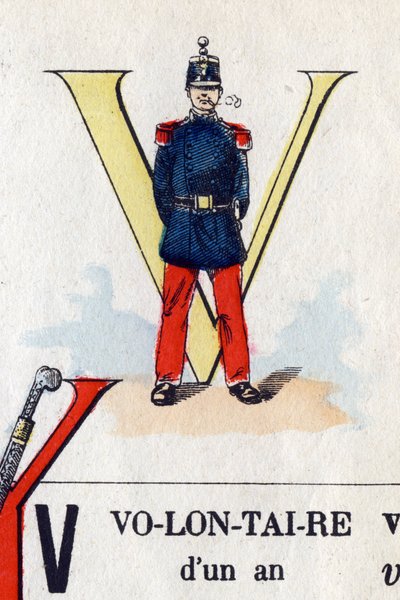 Carta V como voluntário. Alfabeto Militar . Imagem de Epinal, cerca de 1870-1880. Cortes de madeira na cor Stencil. de French School