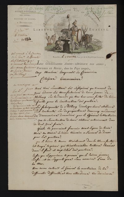 Carta da Agence Generale des Armes, Poudres et Mines, Bruxelas, após a anexação da França ao sul dos Países Baixos de French School