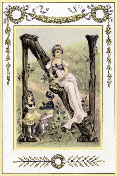 Carta representando uma mãe e seus filhos dançando, final do século XIX (cromolitografia) de French School