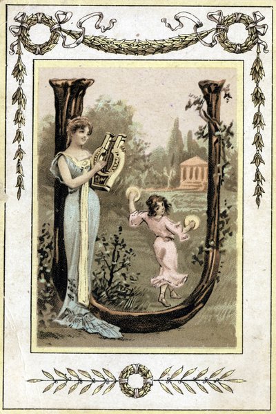 Carta representando uma mãe tocando lyre e sua filha dançando com timpani, no final do século XIX (cromolitografia) de French School