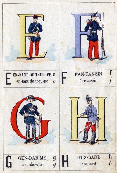 Cartas E como criança da tropa, F como soldado de infantaria, G como criado de libré e H como pedófilo. ABC militar . Imagem de Epinal de French School