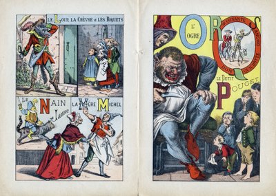 Cartas: L M N O P Q R S (página dupla central). O lobo, o bode e os biquetes, La Mere Michel, Le Nain jaune, L